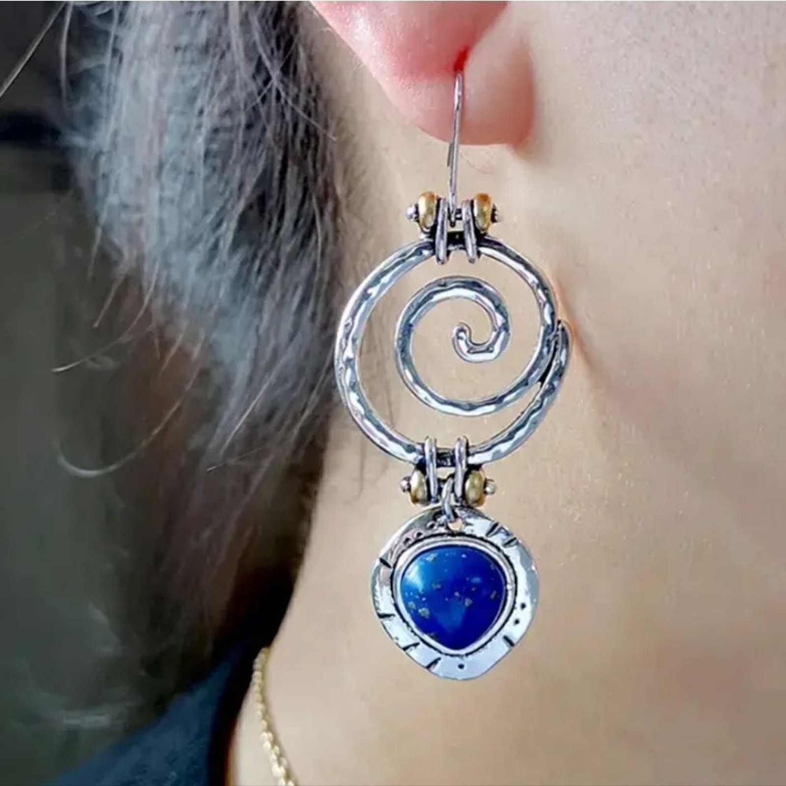 Spiral Earrings With Blue Lapis Lazuli Tone Stone, Antique Silver Vortex Jewelry